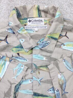 Columbia AOP Shirt Mens Large Gray Fish All Over Print Cotton Woven Short Sleeve